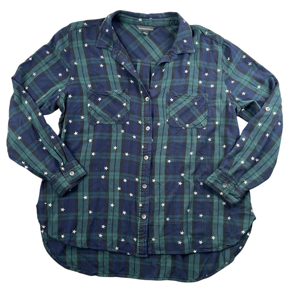 Rock & Republic Blue Green Plaid Metallic Star Print Button Front Shirt Top - L